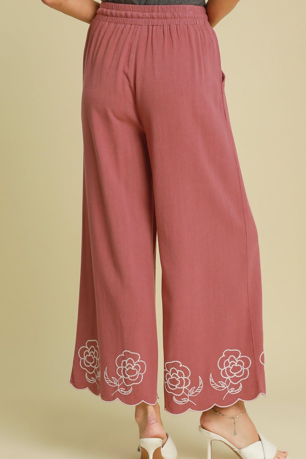 Breathable Linen Blend Wide Leg Pants with Unique Scalloped Hemline in Dusty Pink Color Trendsi