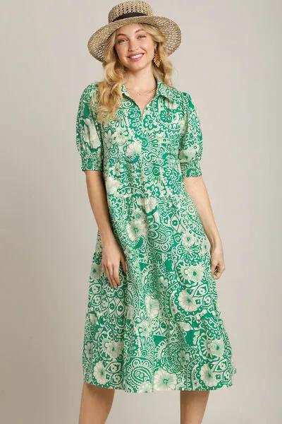 Printed Smocked Cuff Puff Sleeve Green Midi Dress - Stylish and Comfortable 2025 Look