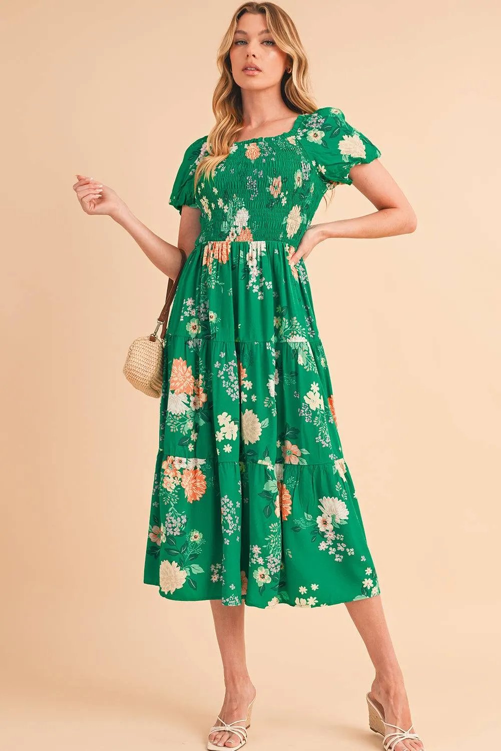 Green Floral Print Smocked Tiered Midi Dress with Bubble Sleeves – 100% Viscose