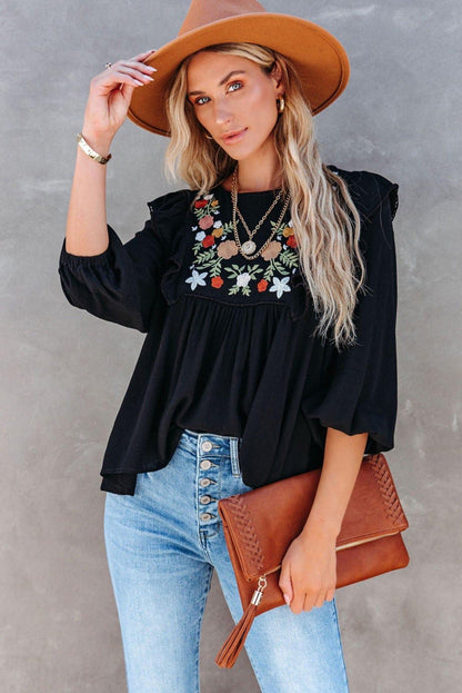 Black Bohemian Floral Embroidered Ruffled Babydoll Blouse