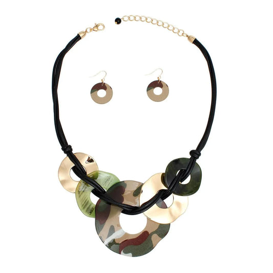 Black Cord Necklace & Earrings Set with Camouflage Acrylic Rings – Bold Statement Jewelry