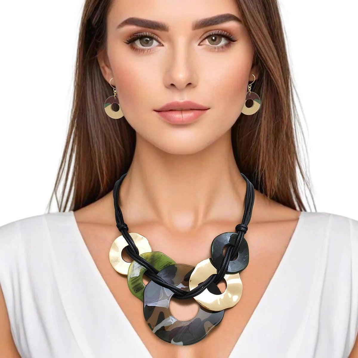 Black Cord Necklace & Earrings Set with Camouflage Acrylic Rings – Bold Statement Jewelry