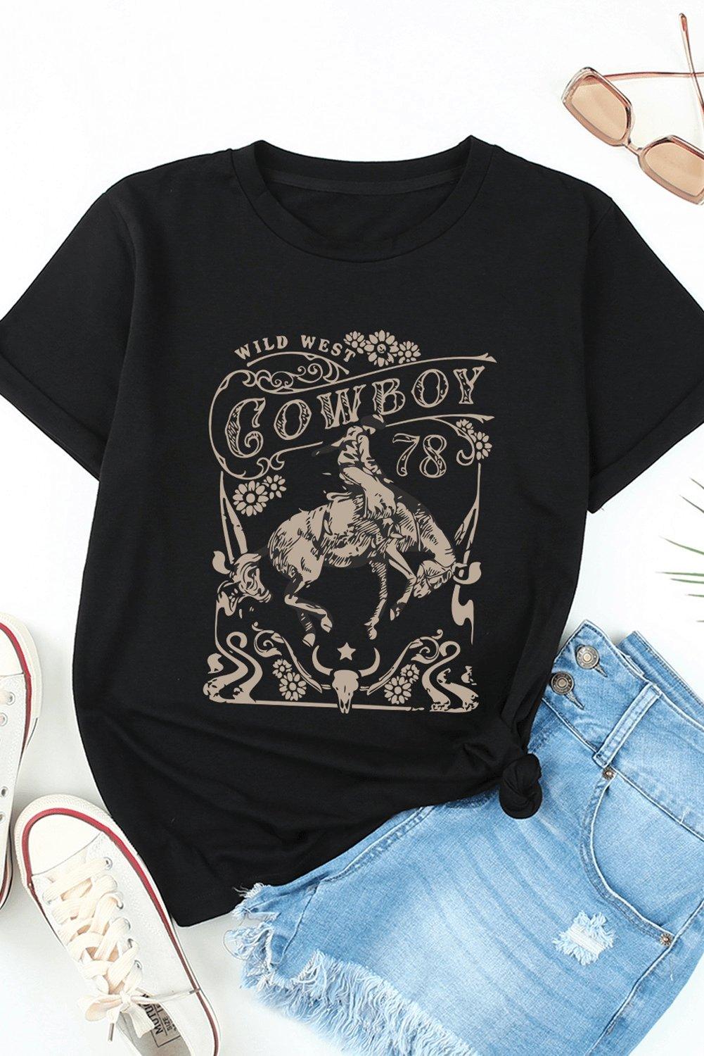 Black COWBOY 78 Letter Graphic Print Crew Neck T Shirt