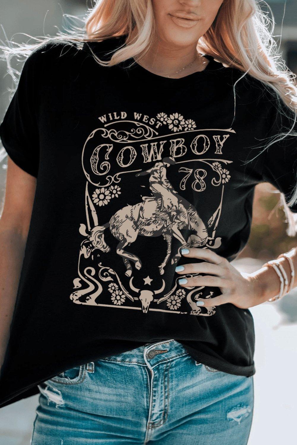 Black COWBOY 78 Letter Graphic Print Crew Neck T Shirt