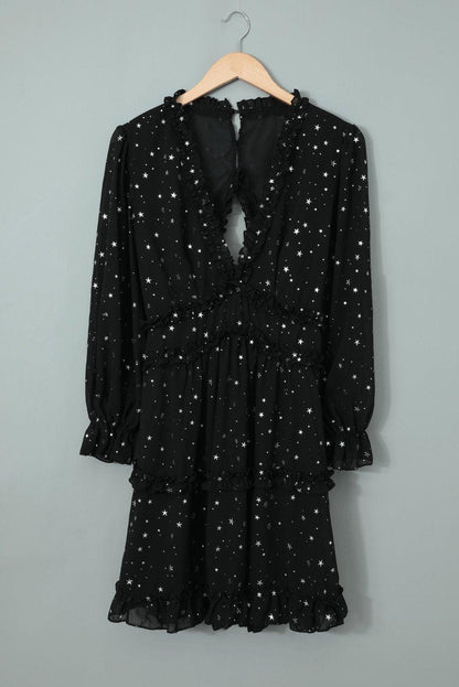 Black Glitter Stars V Neck Backless Ruffle Mini Dress