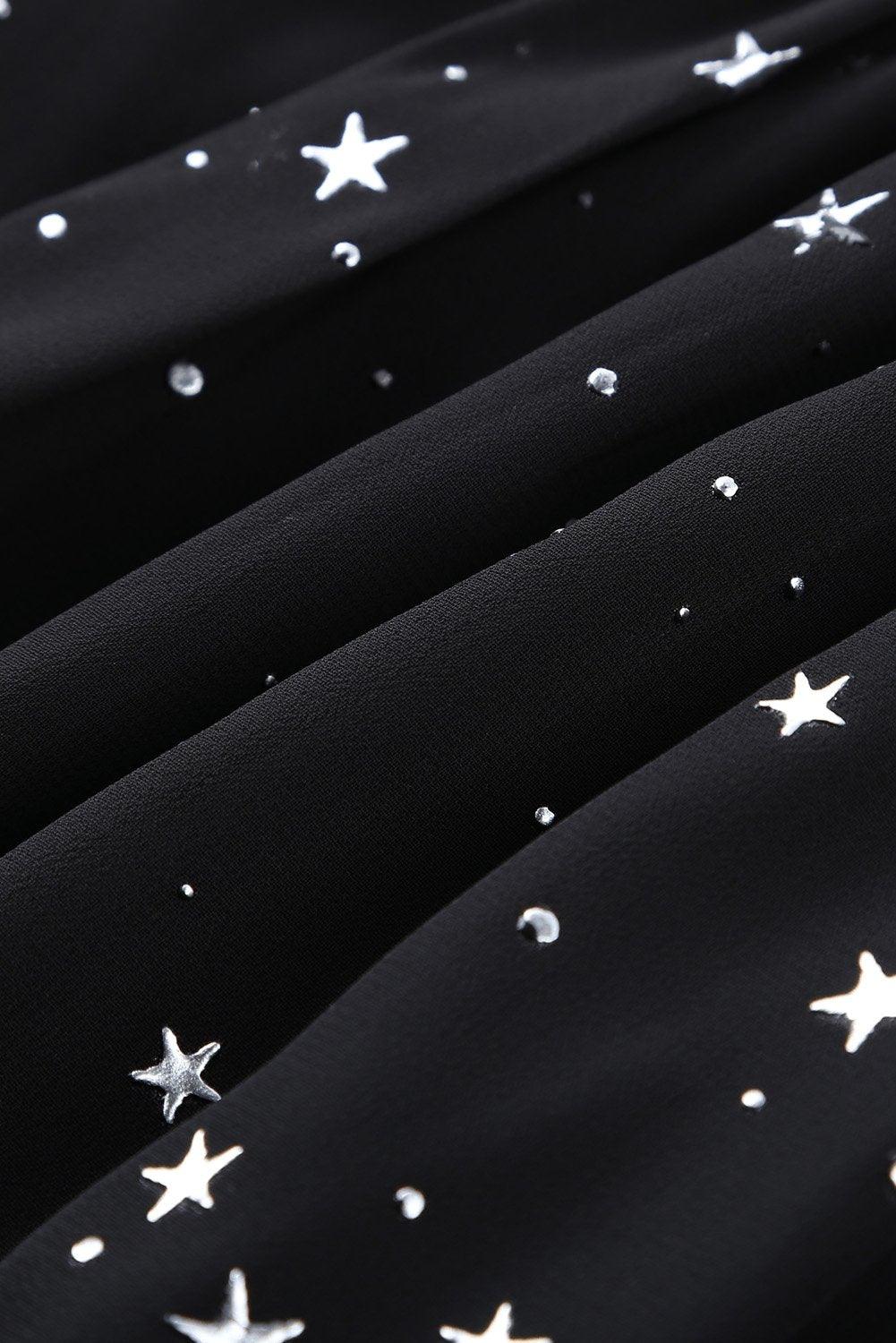 Black Glitter Stars V Neck Backless Ruffle Mini Dress