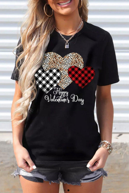 Black Happy Valentine's Day Hearts Print Short Sleeve T-Shirt