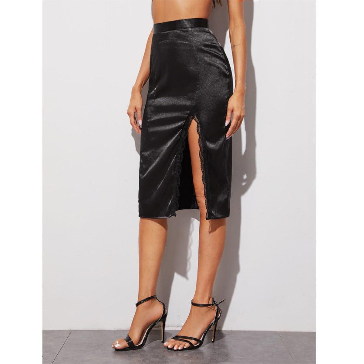 Black Lace Slit Thigh High Waist Skirt