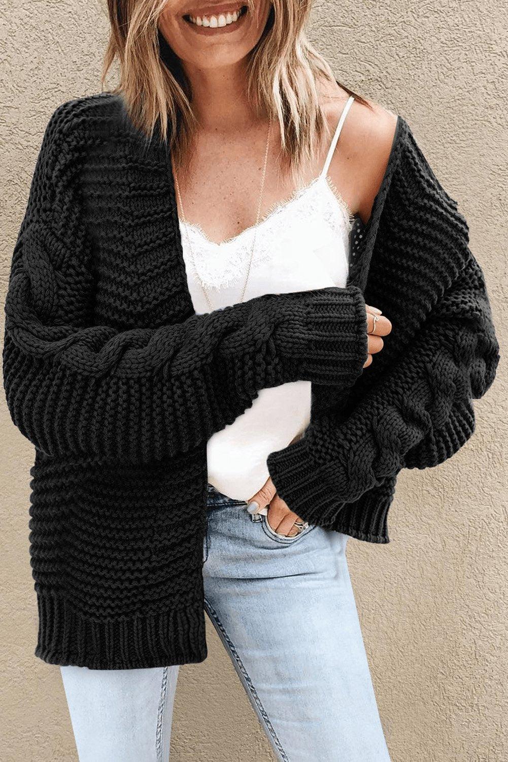 Black Open Front Chunky Knit Cardigan
