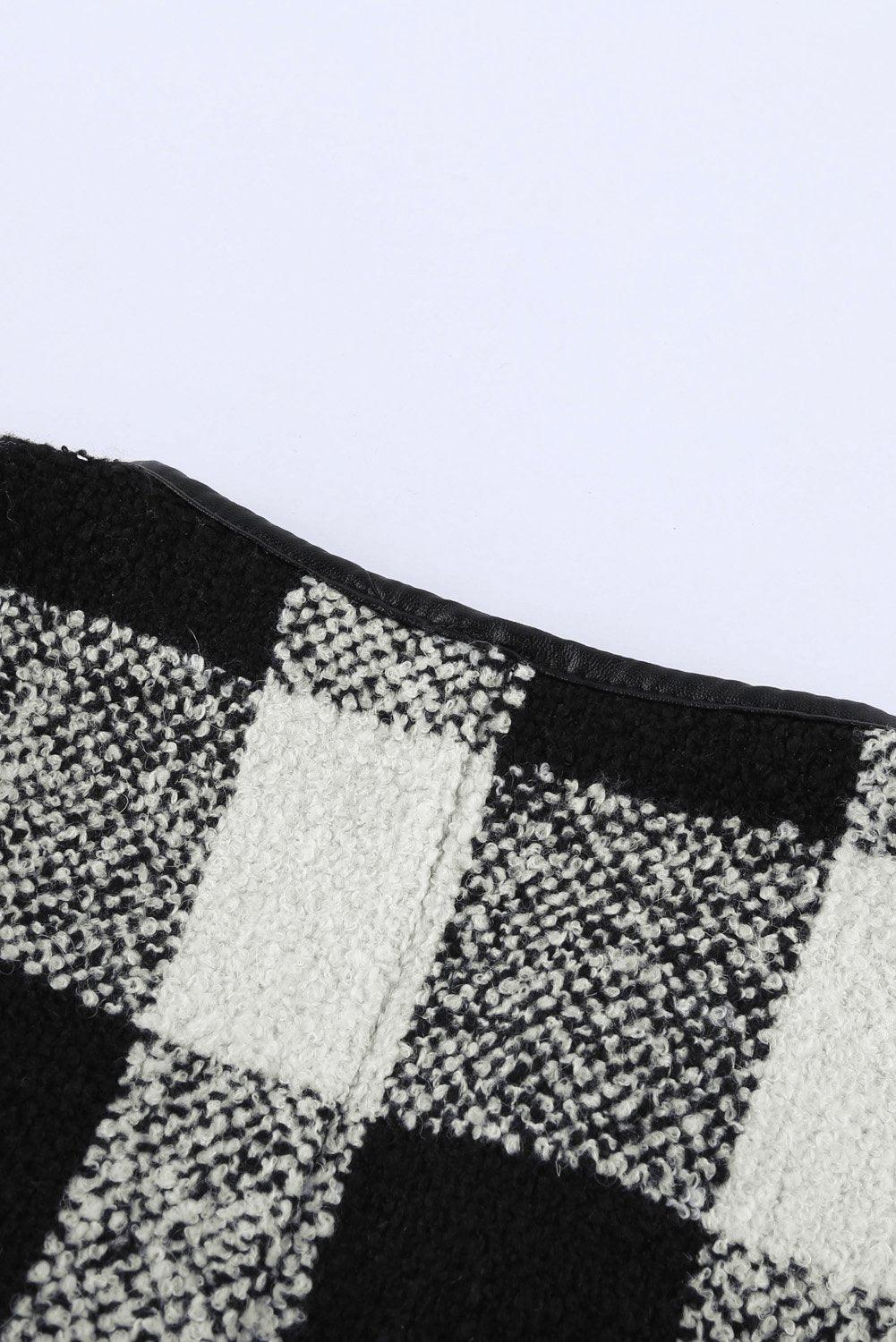 Black Plaid Long Sleeve Asymmetric Collar Open Front Coat