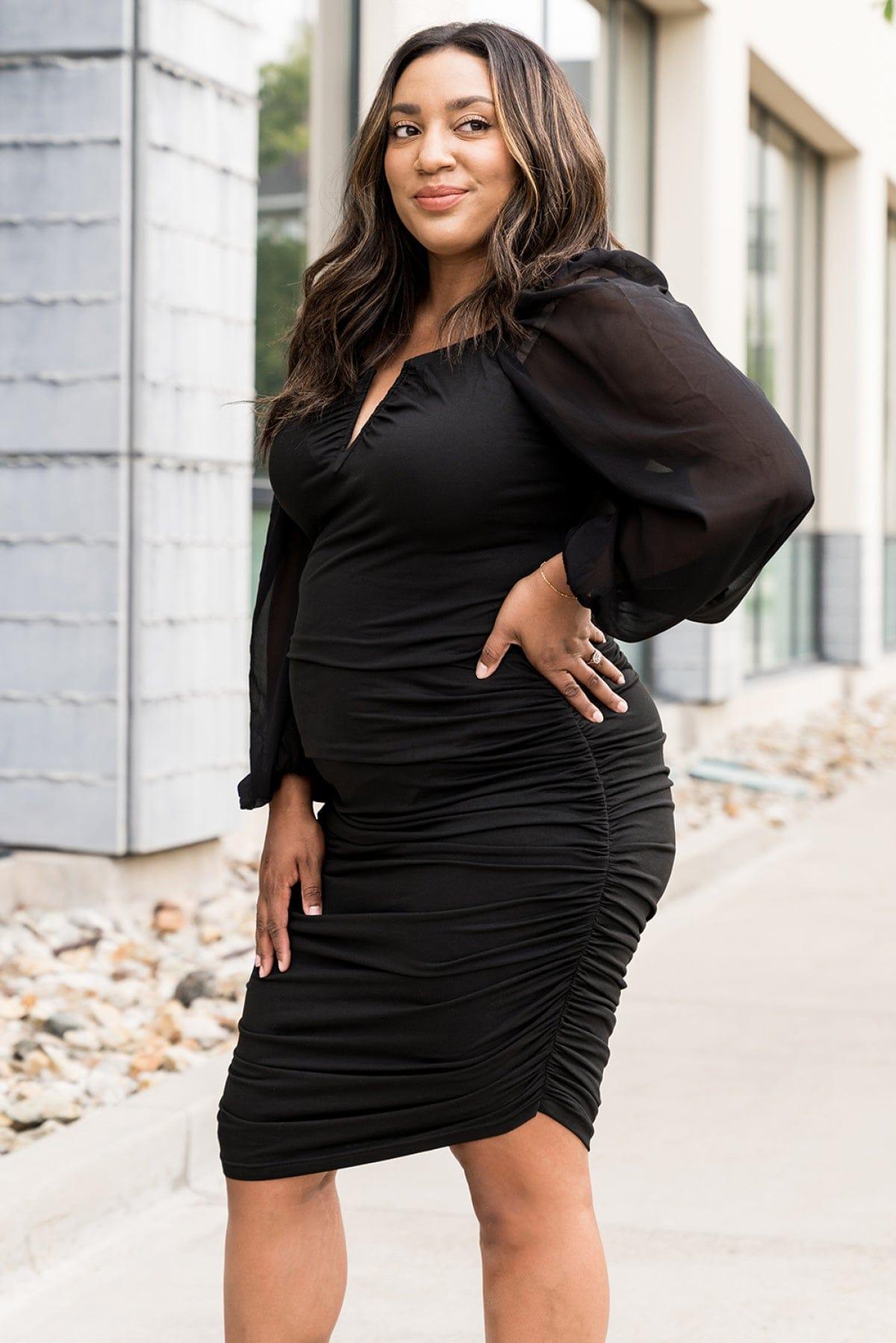 Black Plus Size Puffy Sleeve Ruched Bodycon Dress