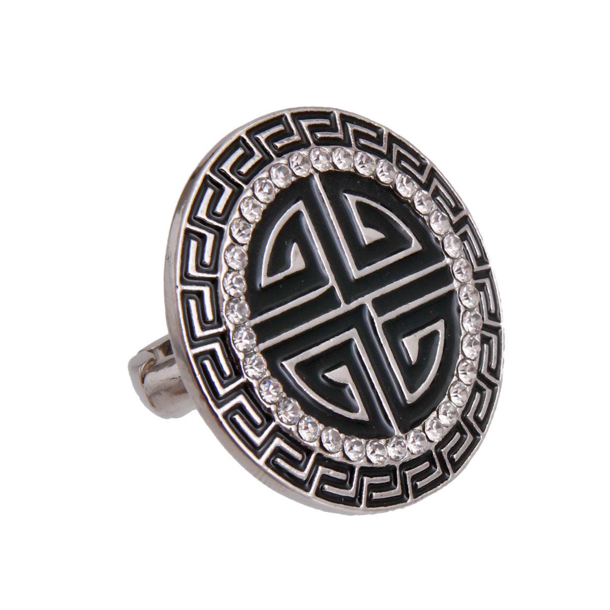 Black Round Greek Cocktail Ring Silver Plated