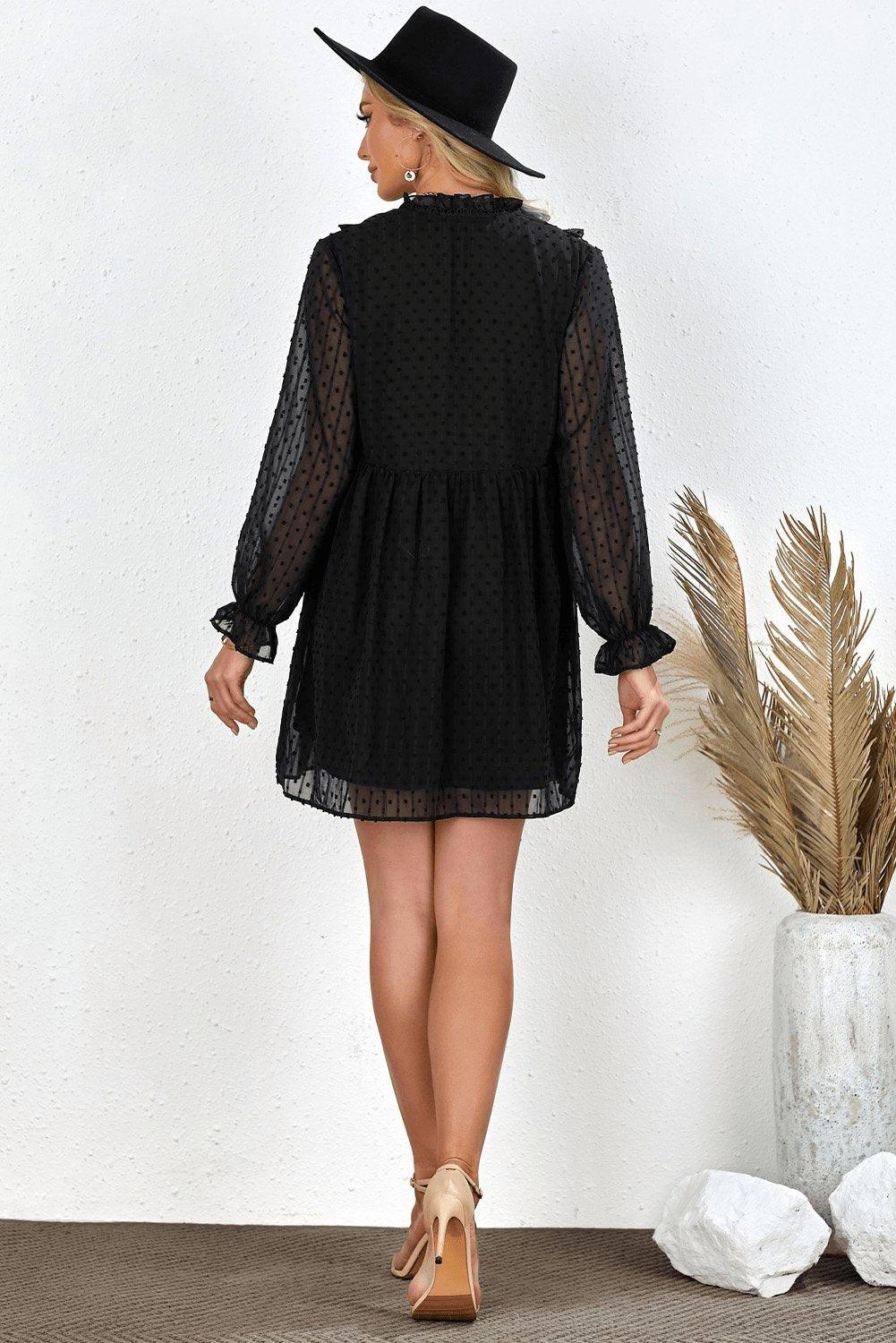 Black Swiss Dot Ruffle V Neck Mini Dress