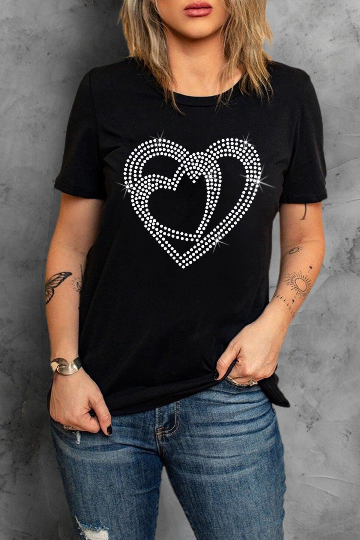 Black Tee Shining Heart Pattern Valentines T-Shirt