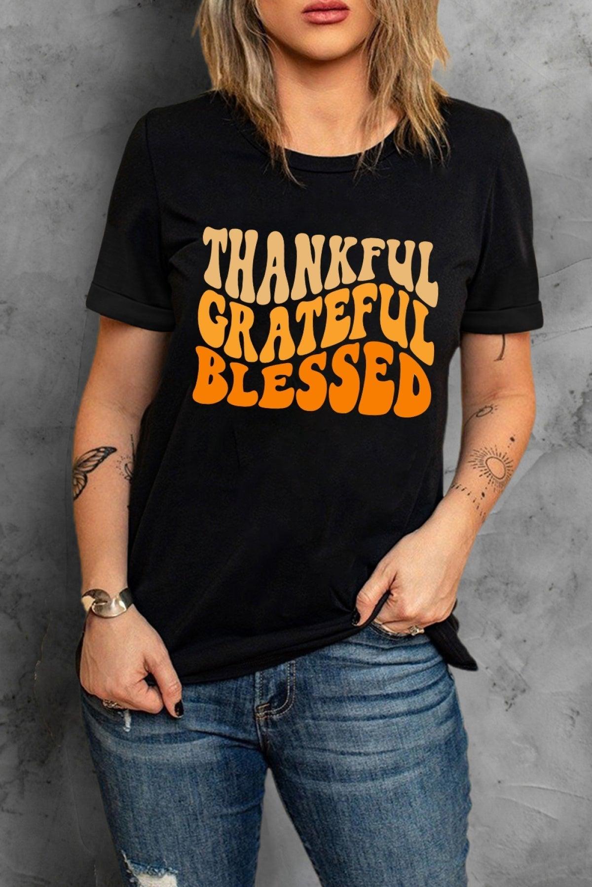 Black THANKFUL GRATEFUL BLESSED Crew Neck Graphic T-Shirt