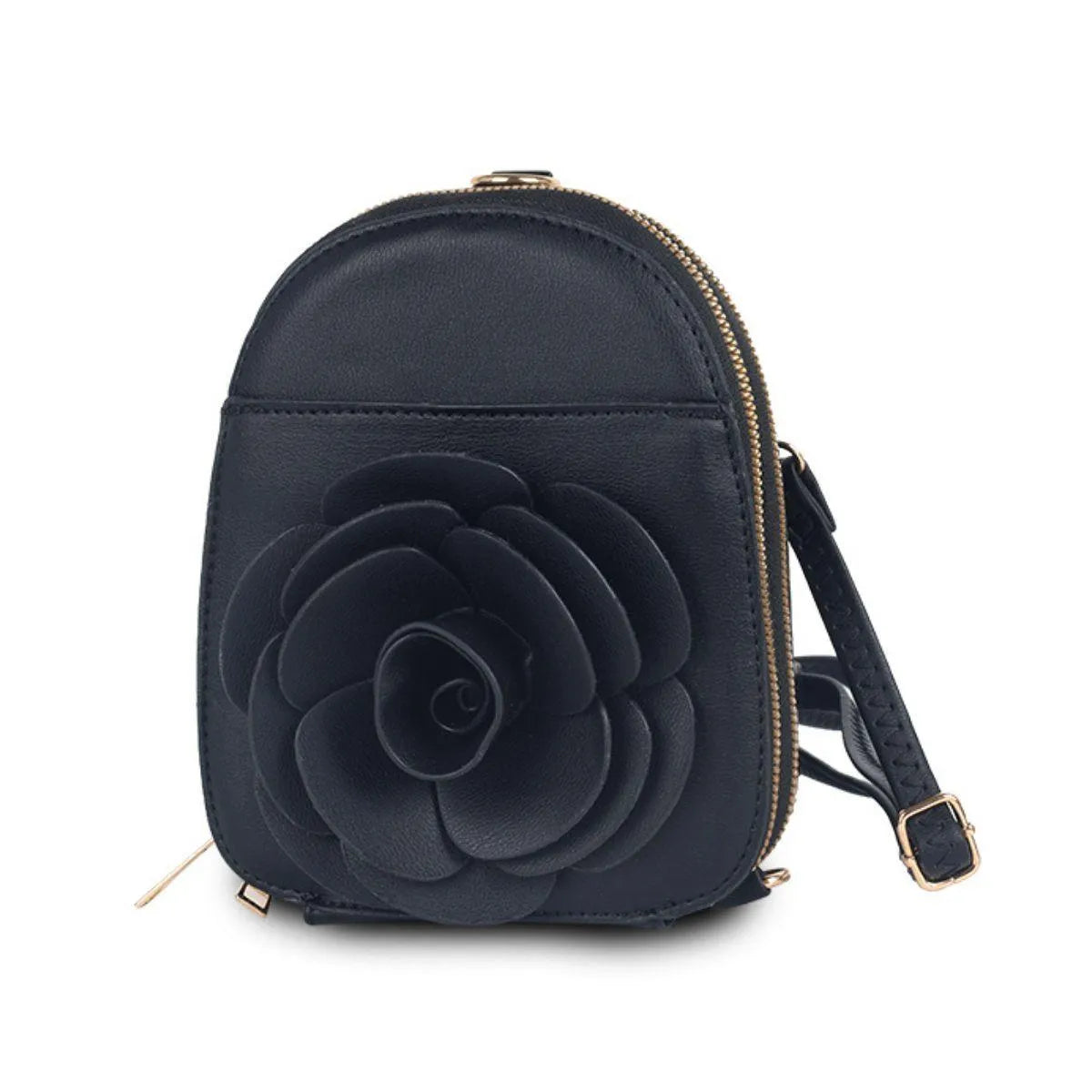 Black Vegan Leather Floral Mini Backpack: Stylish & Secure