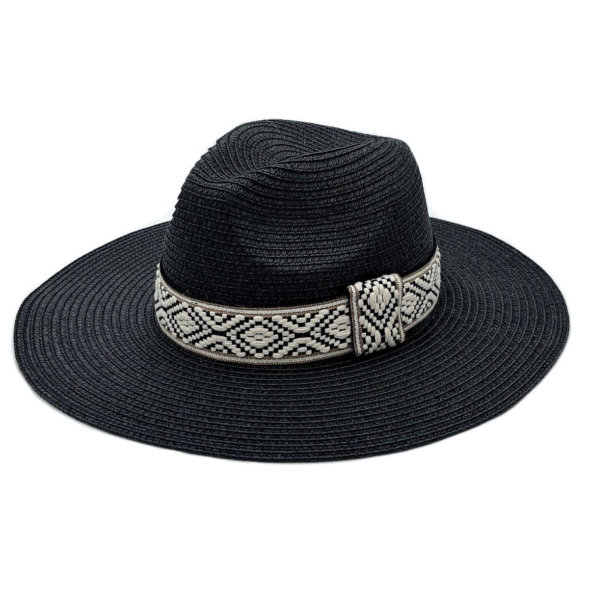 Black Womens Panama Straw Hat with Woven Detail