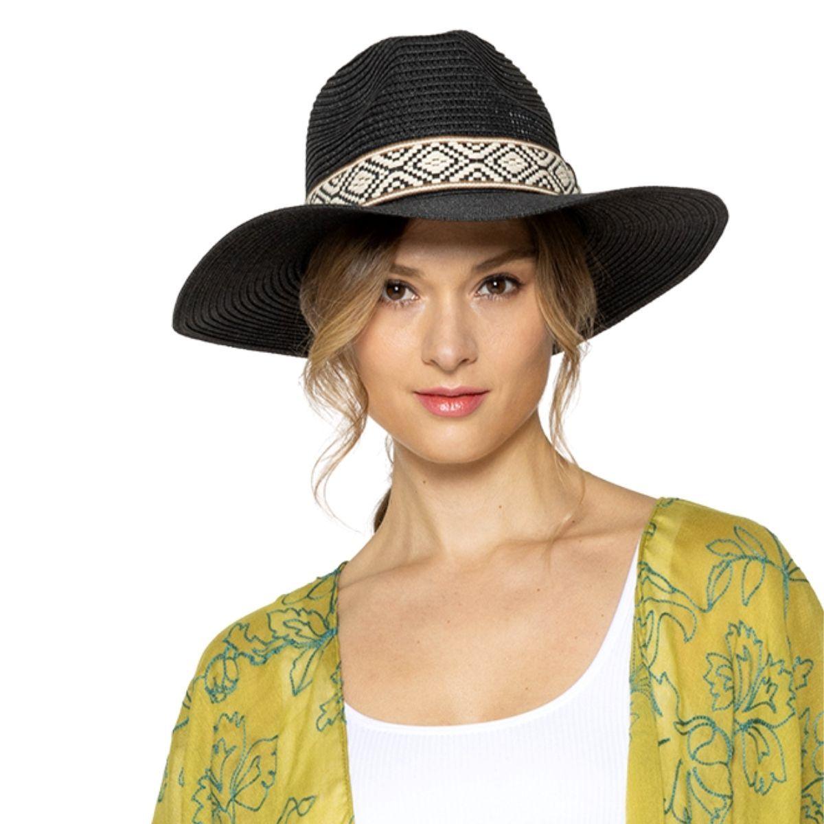 Black Womens Panama Straw Hat with Woven Detail