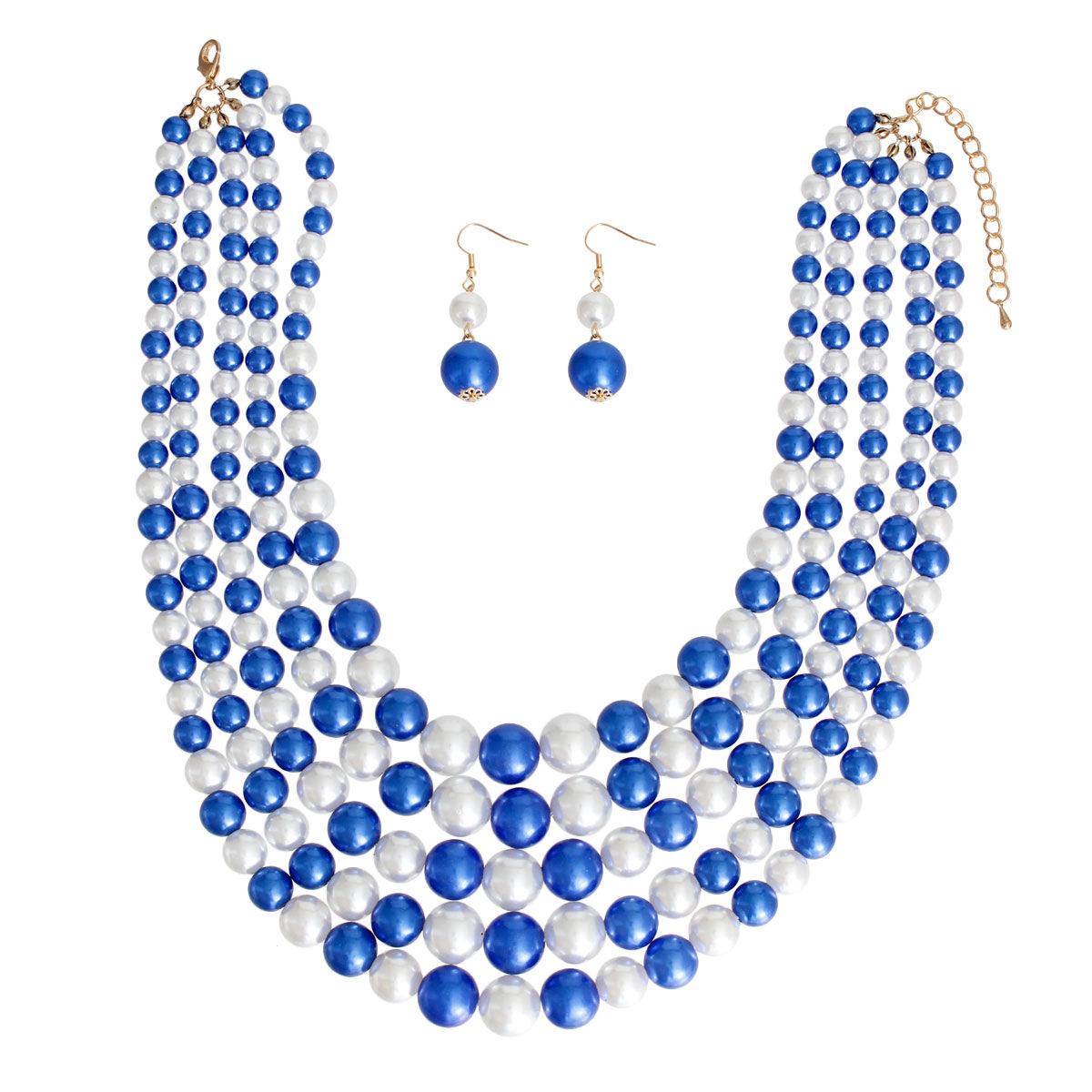 Blue & White Pearl 5 Strand Necklace and Dangle Earrings for Elegance