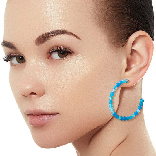 Blue Beaded Hoop Earrings