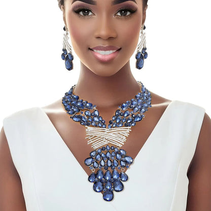 Blue Crystal Waterfall Necklace Set: Shine Bright Like a Sapphire