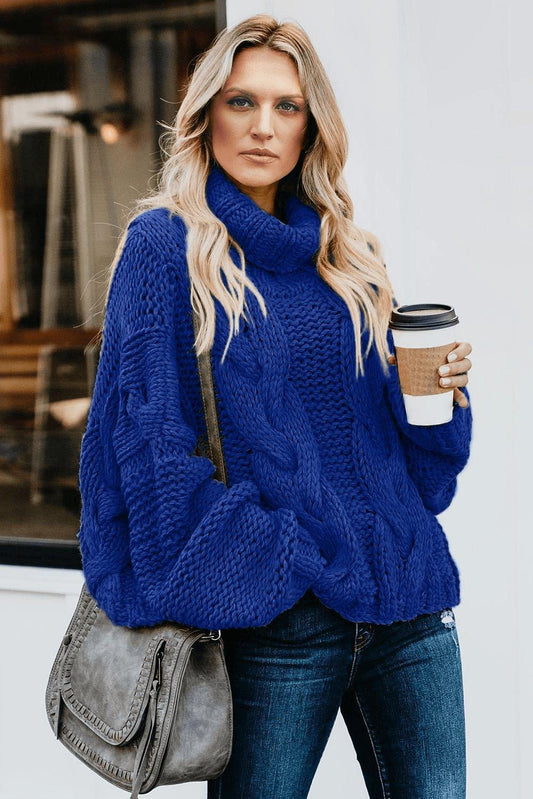 Blue Cuddle Weather Cable Knit Turtleneck Sweater