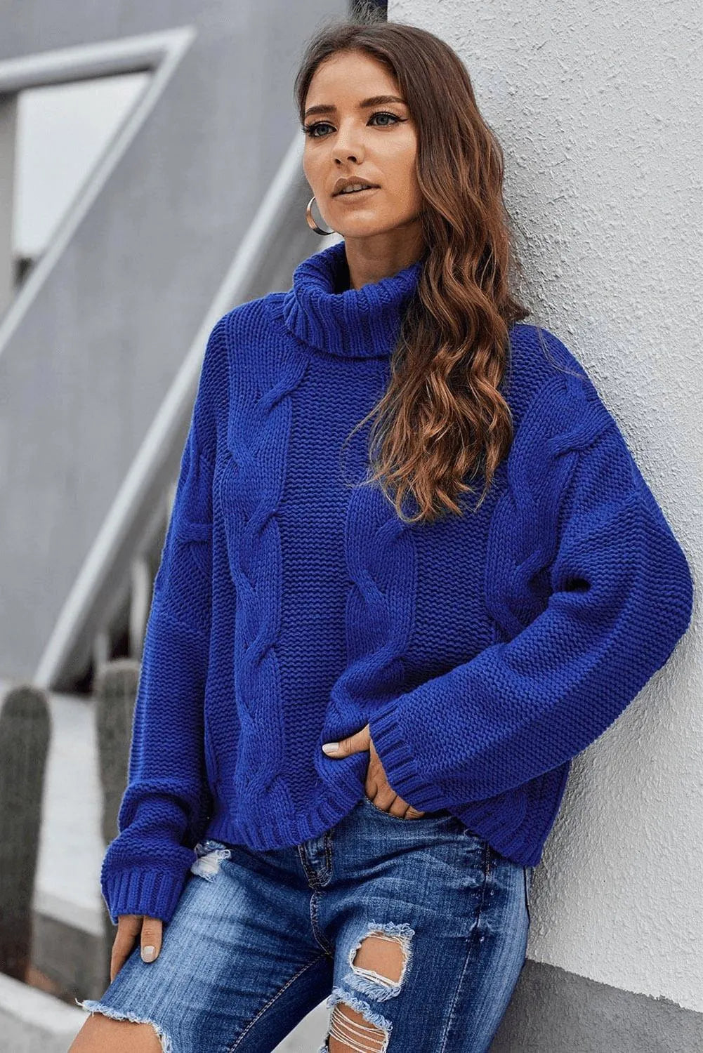 Blue Cuddle Weather Cable Knit Turtleneck Sweater