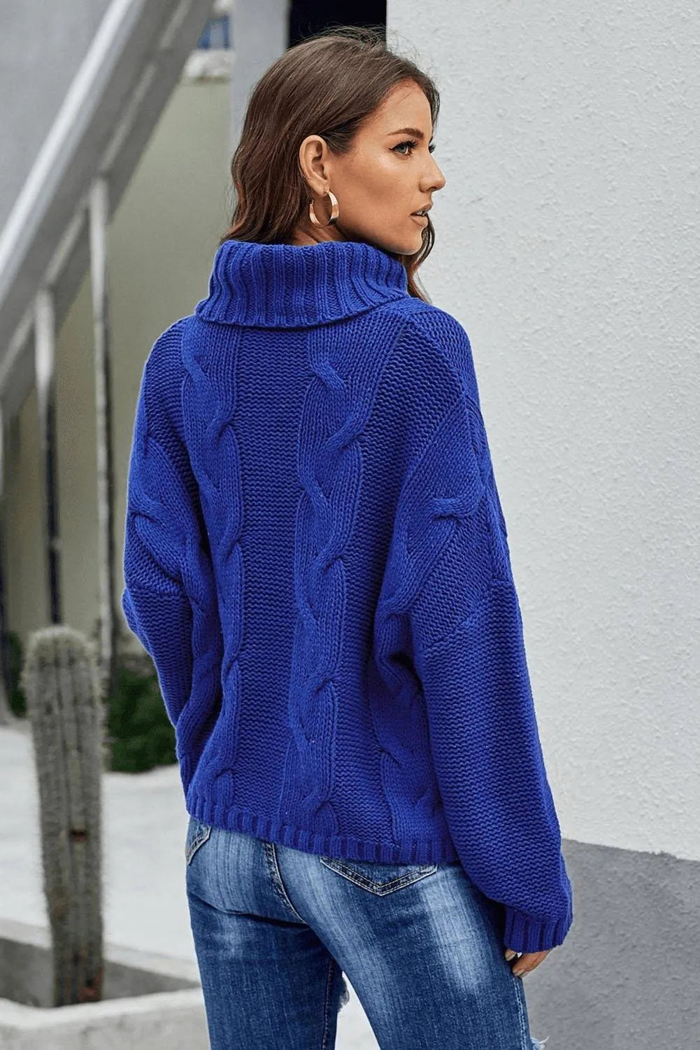 Blue Cuddle Weather Cable Knit Turtleneck Sweater