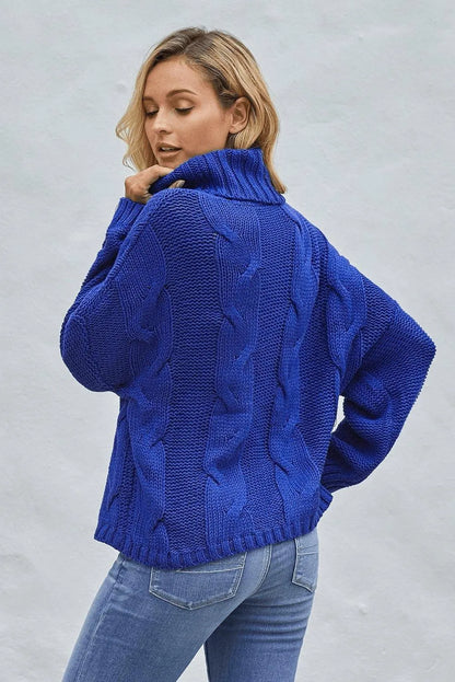 Blue Cuddle Weather Cable Knit Turtleneck Sweater