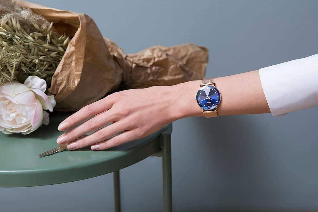Blue Facet Swiss Ladies Watch Rose Gold Tone Bracelet - J5.613.L