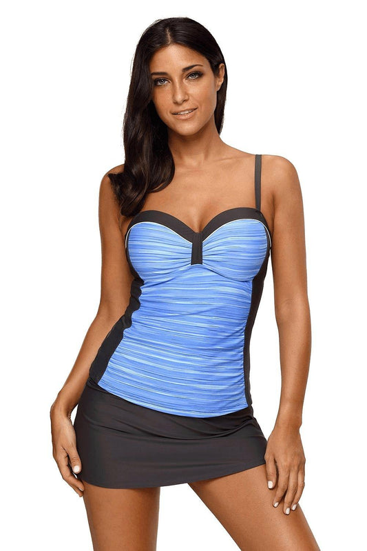 Blue Gray Ruched Tankini And Skirted Swimsuit