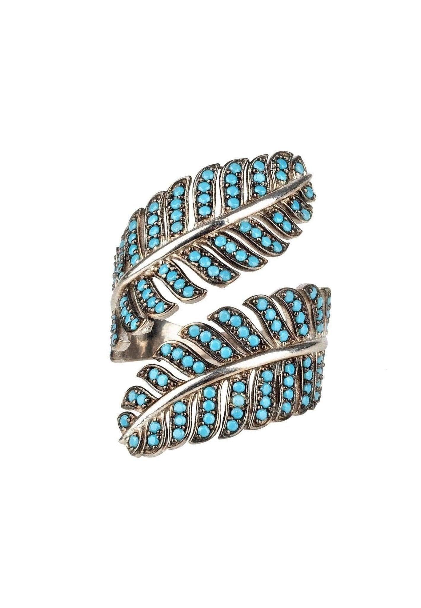 Blue Turquoise CZ Tropical Leaf Cocktail Ring, Sterling Silver