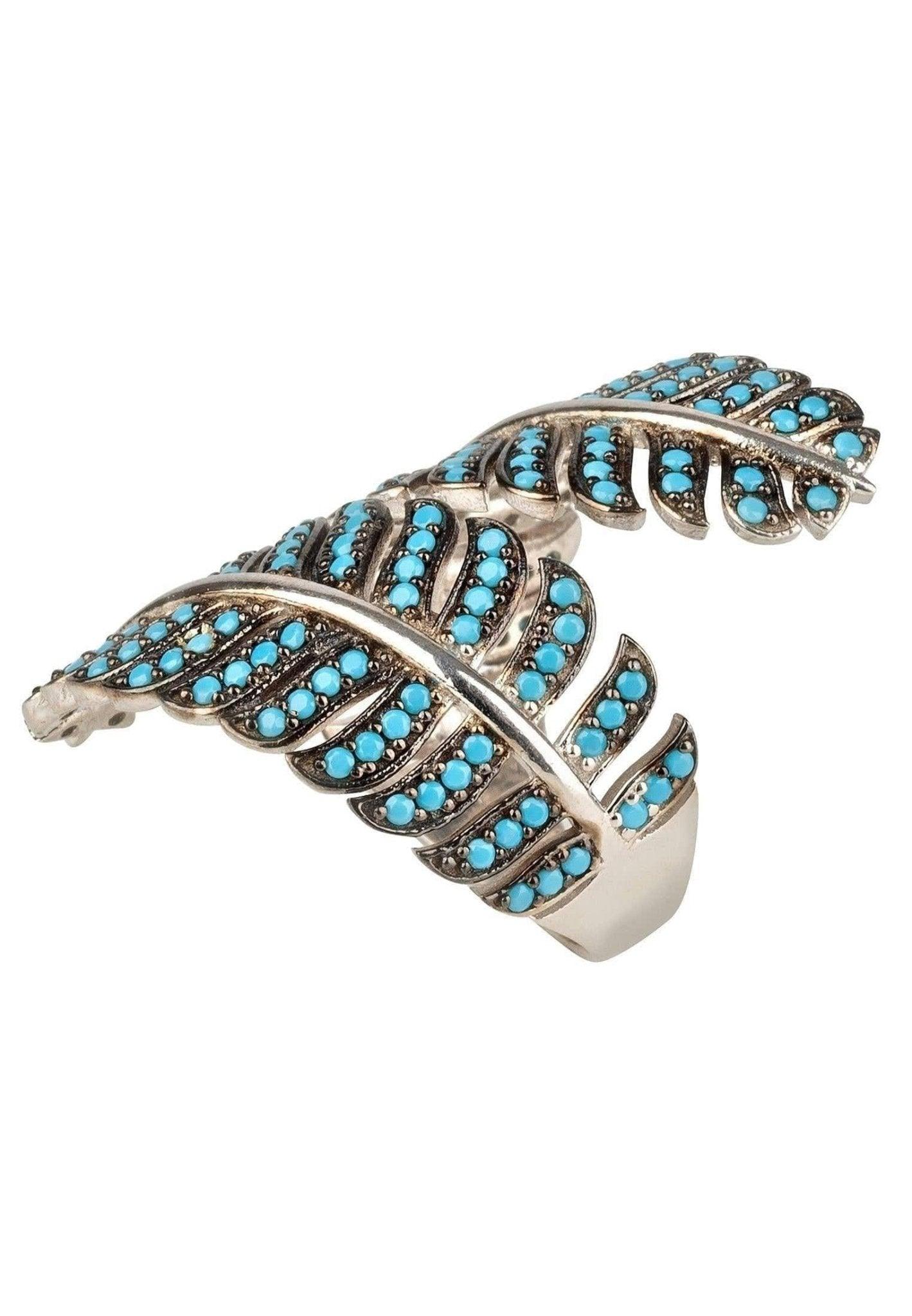 Blue Turquoise CZ Tropical Leaf Cocktail Ring, Sterling Silver