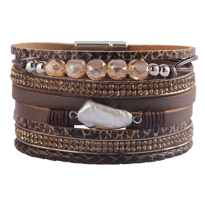 Boho Beaded Multi-strand Animal Pattern Vegan Leather Bracelet