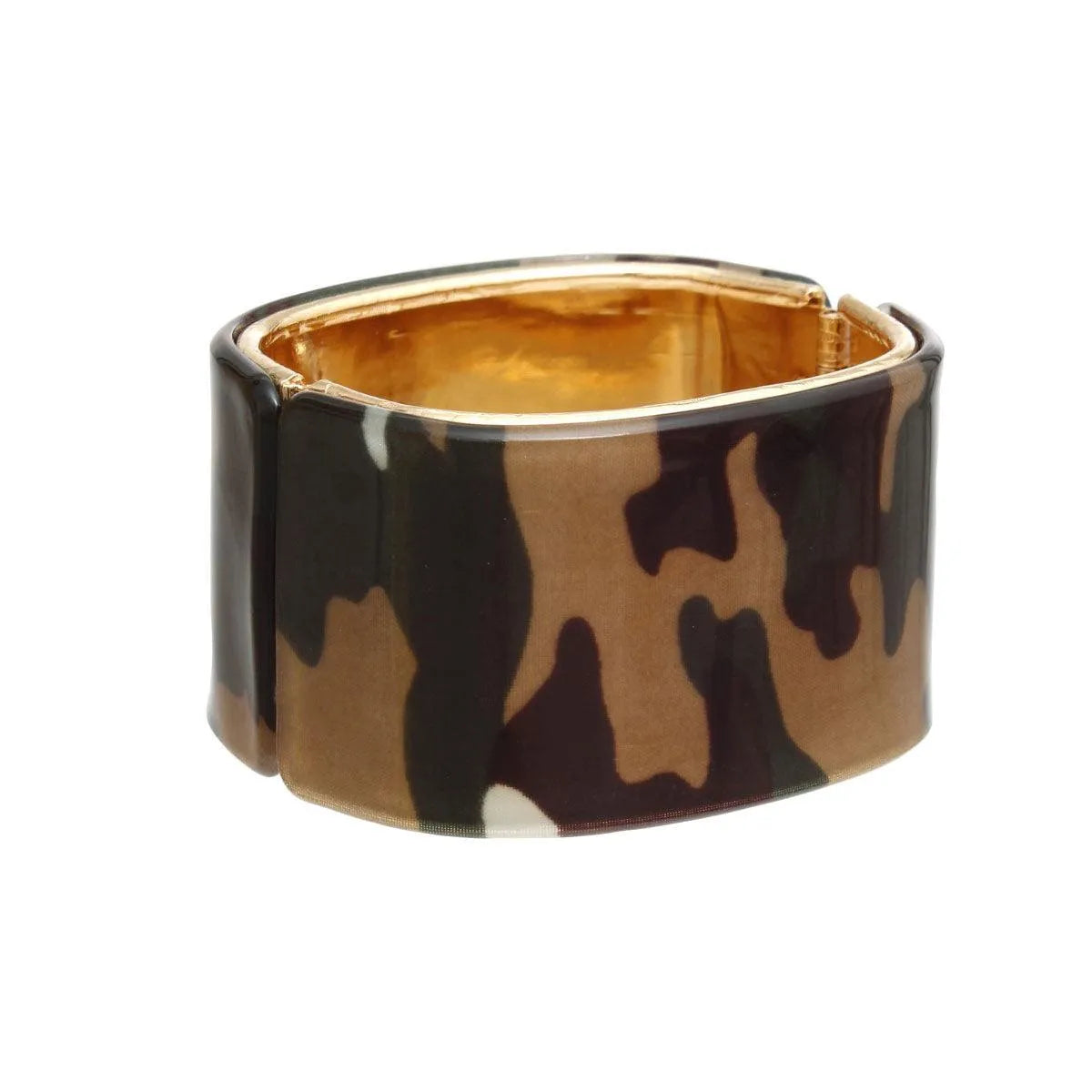 Bold Gold Metal Bracelet with Camouflage Acrylic Overlay - Stylish Women's Statement Piece