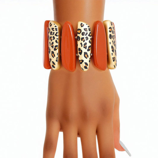 Bold Modernist Stretch Bracelet: Acrylic Beads, Vintage Design Leopard