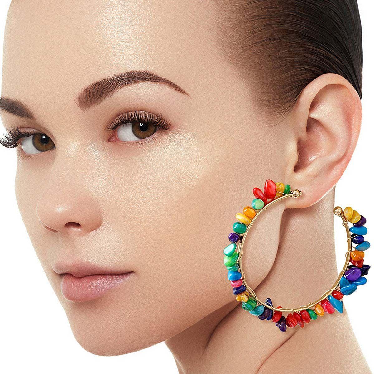 Bright Stone Wrapped Open Hoop Earrings Multicolor