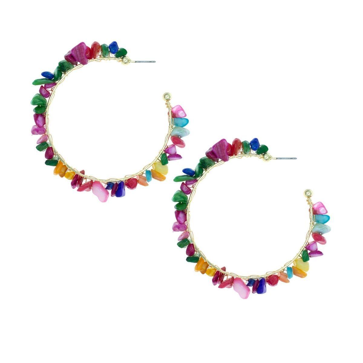 Bright Stone Wrapped Open Hoop Earrings Multicolor