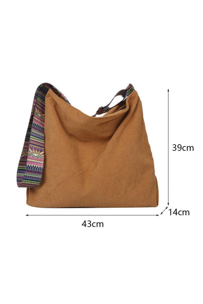 Brown Boho Print Straps Corduroy Cloth Bag