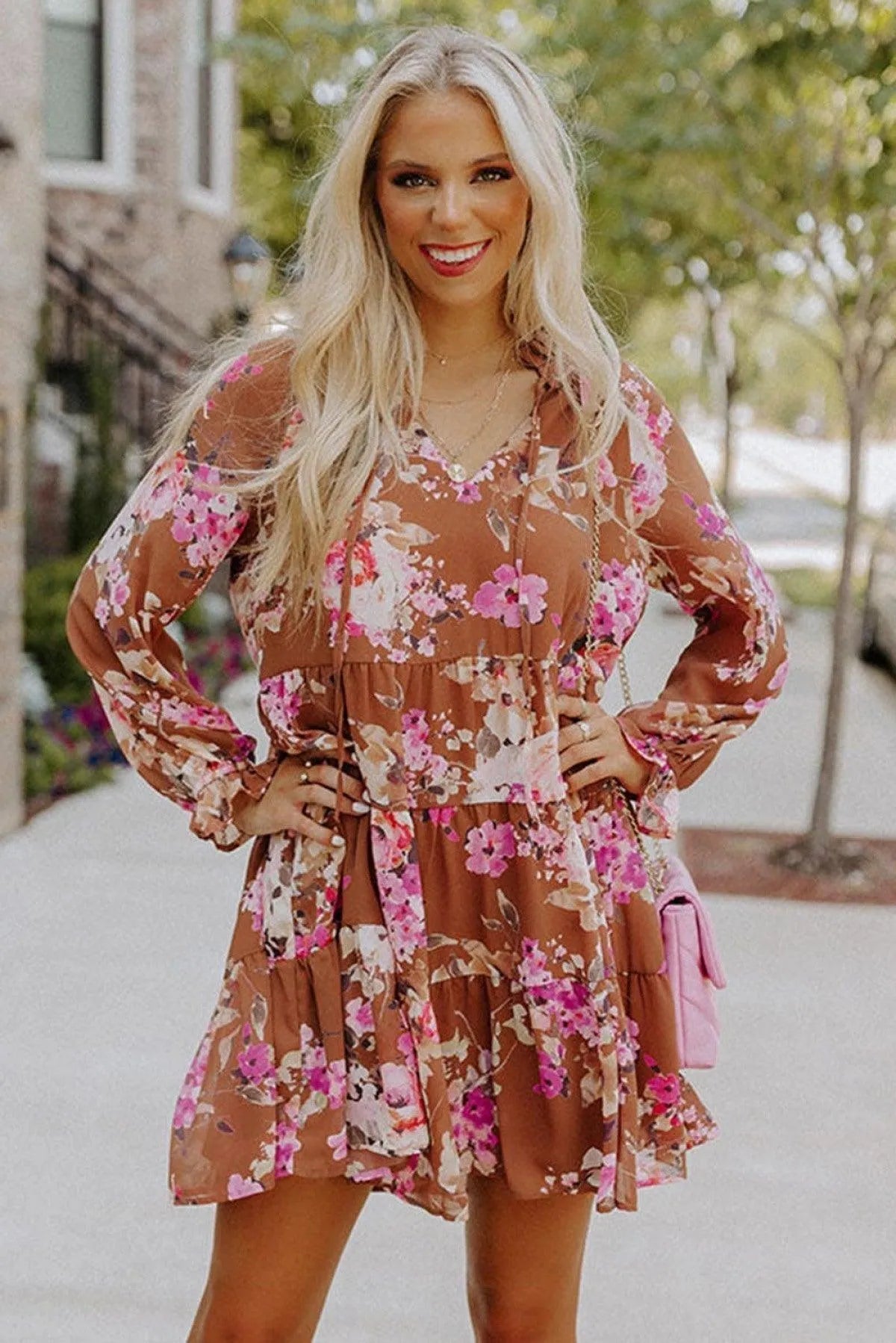 Brown Floral Print Drawstring V Neck Ruffled Babydoll Mini Dress