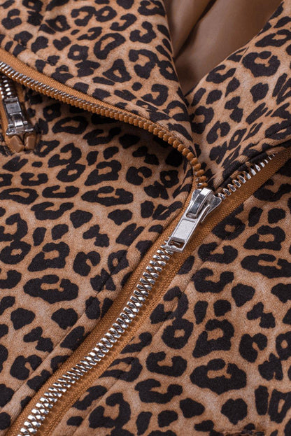 Brown Leopard Zipped Notch Collar Short Jacket