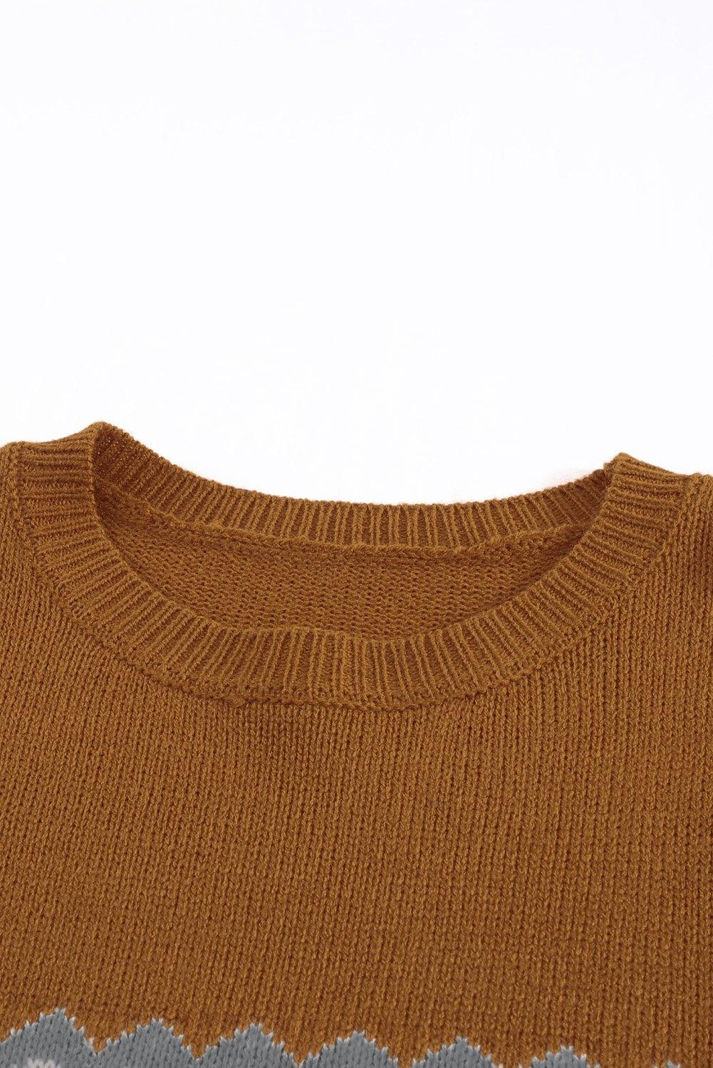 Brown Printed Crew Neck Knit Sweater