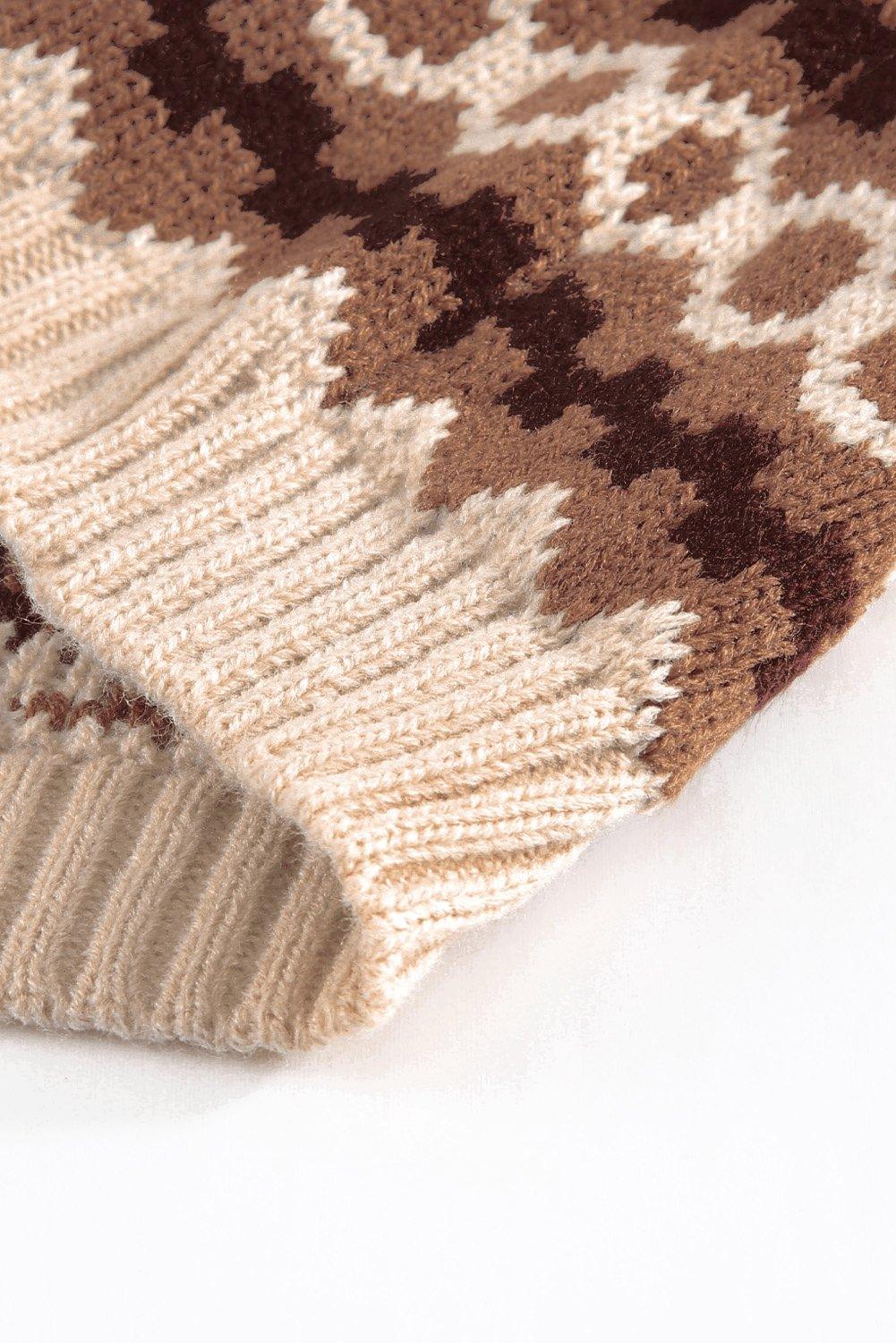 Brown Printed Crew Neck Knit Sweater