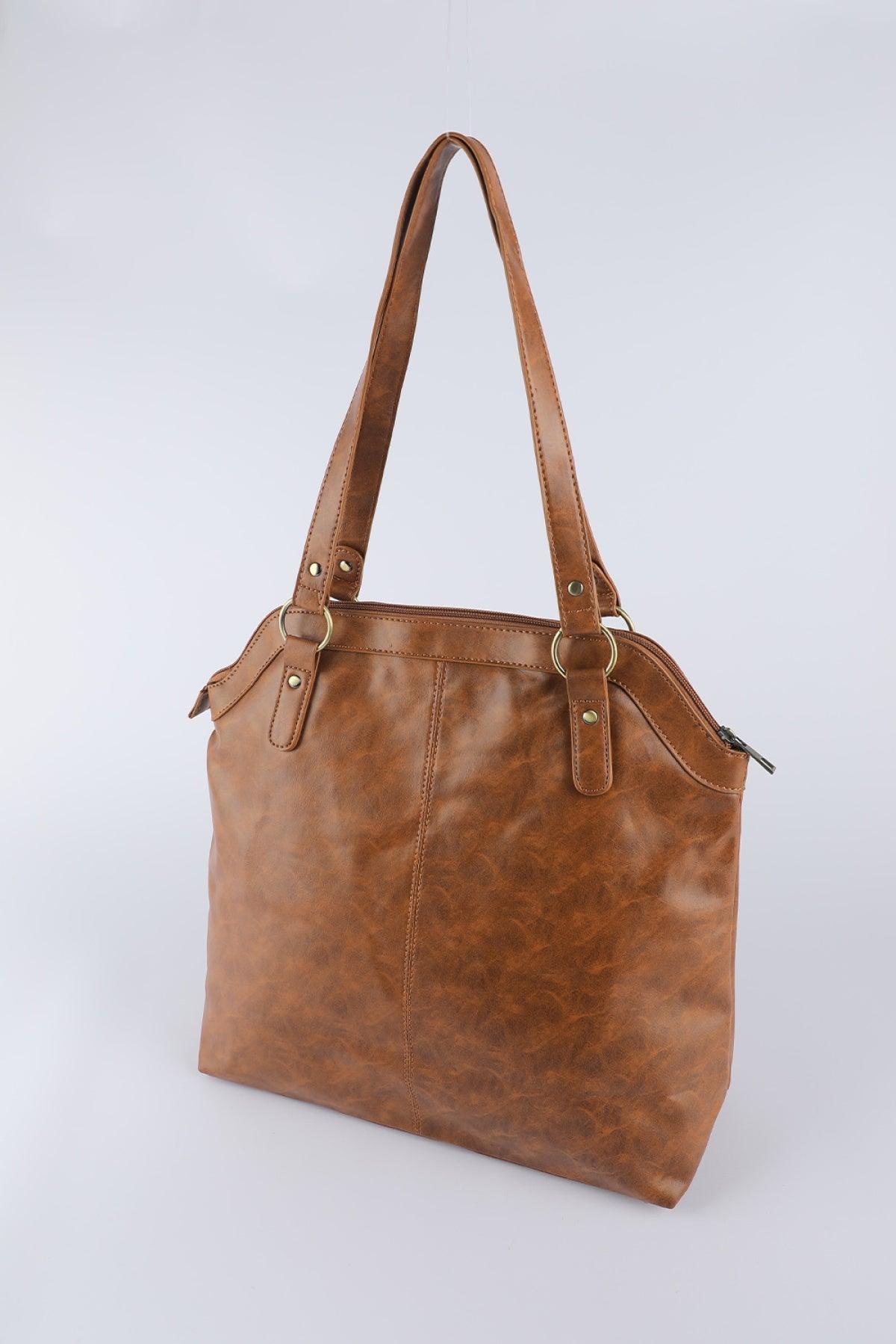 Brown PU Leather Patchwork Zipped Large Capacity Tote Bag