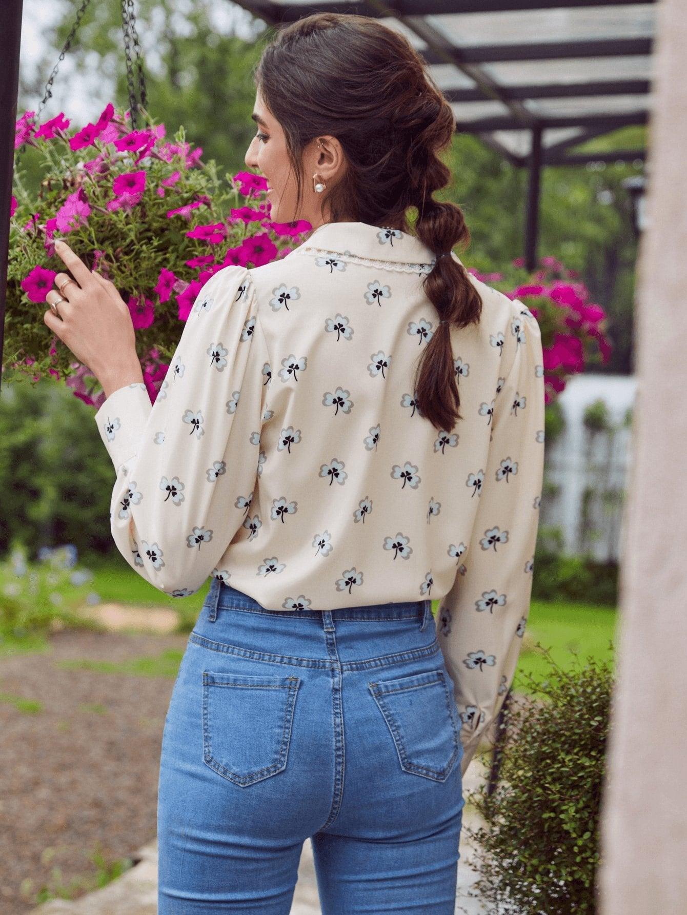 Button Front Lace Trim Floral Shirt