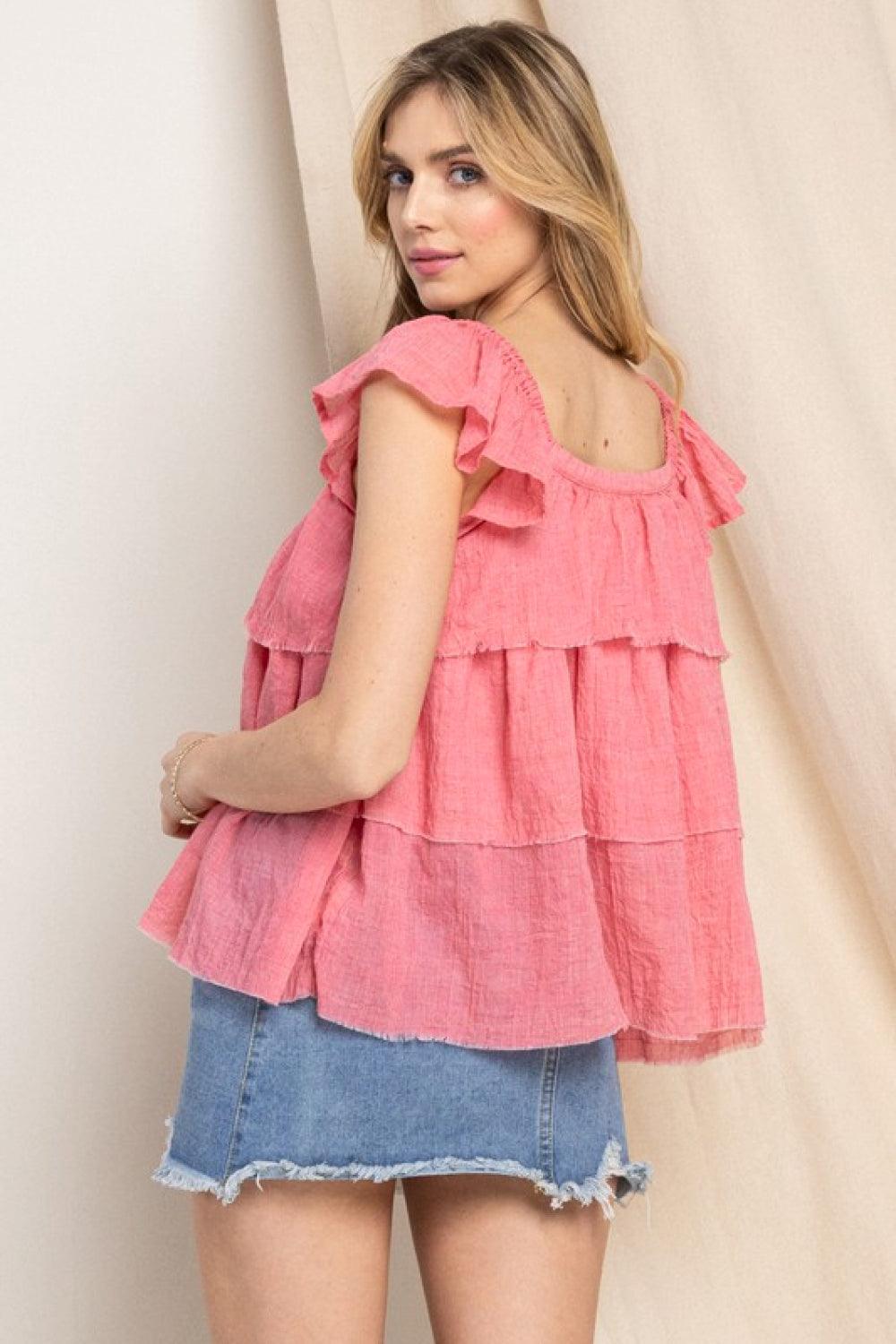 Buttoned Ruffled Top Strawberry