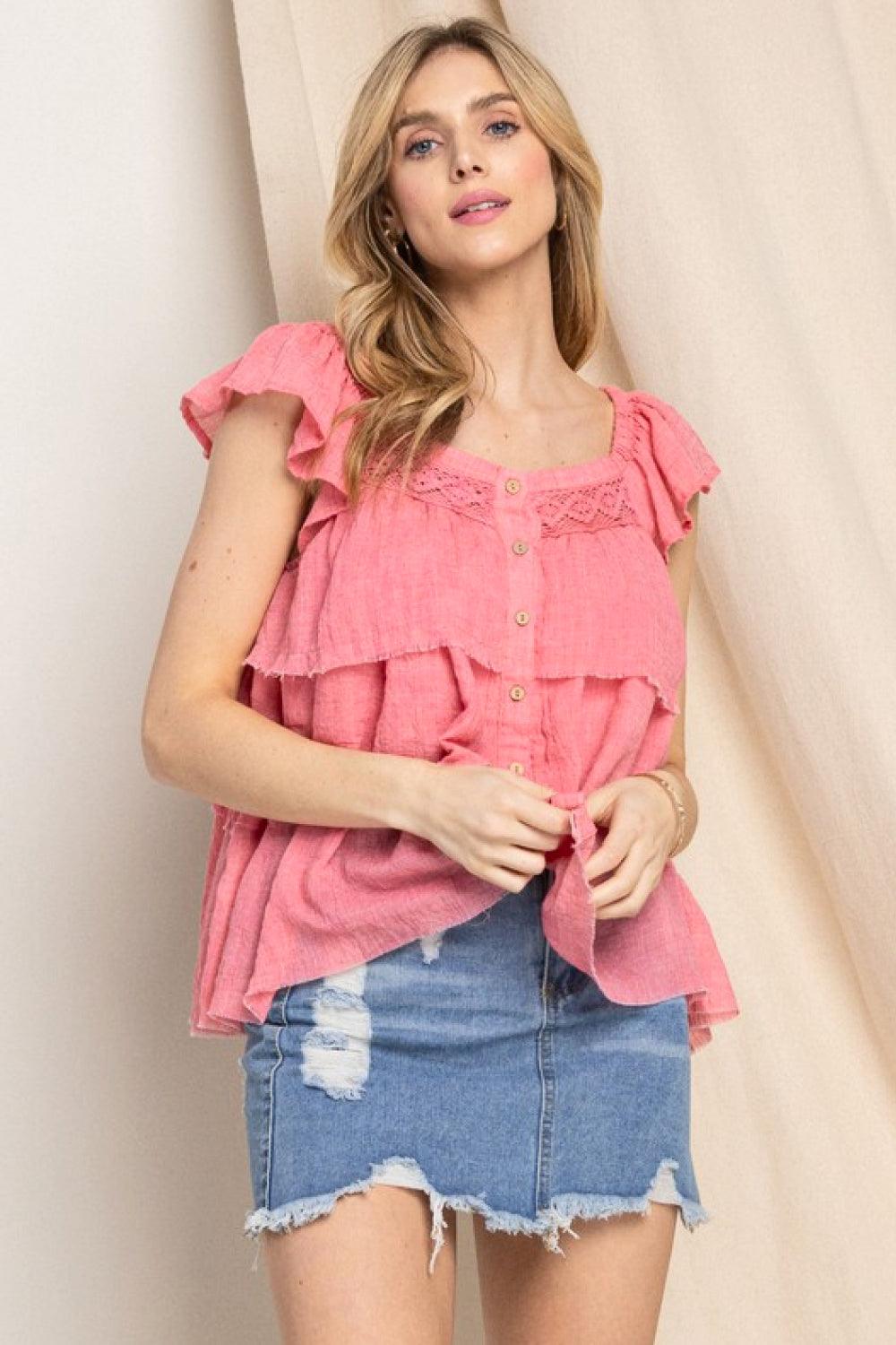 Buttoned Ruffled Top Strawberry
