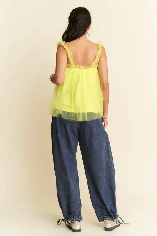 Shirred Ruffle Strap Tulle Babydoll Top: Whimsical Elegance