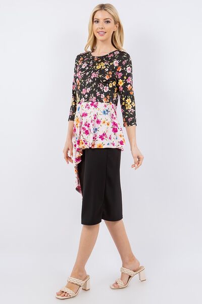 Multicolor Floral Asymmetrical Hemline Round Neck Top Trendsi