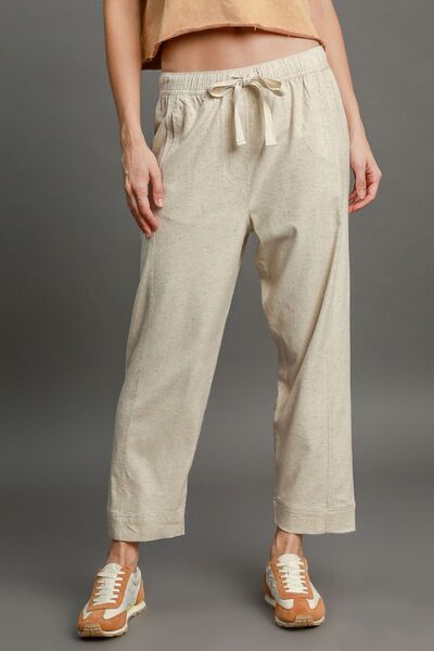 Drawstring Elastic Waistband Linen Blend Pants Trendsi